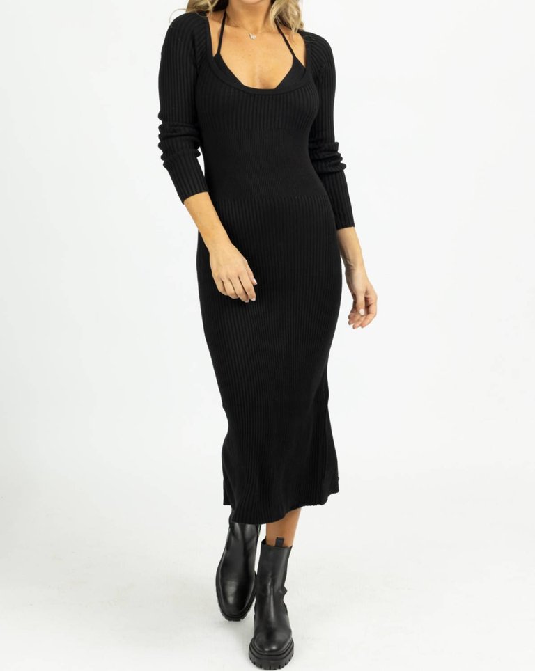 Knit Layered Bra Midi Dress Set - Black