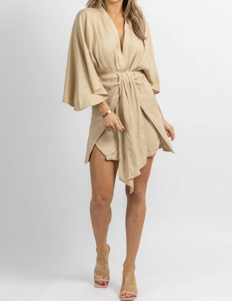 Linen Dolman Sleeve Mini Dress - Taupe