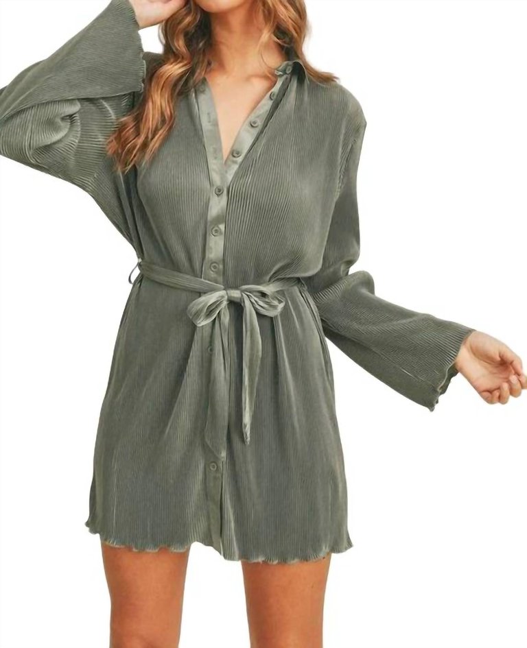 Pleated Shirt Dress In Olive - Olive