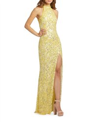 High-Neck Sequin Column Gown In Gold - Gold