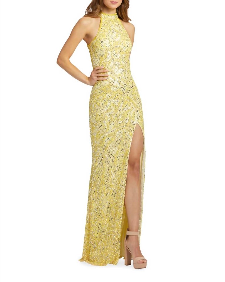 High-Neck Sequin Column Gown In Gold - Gold