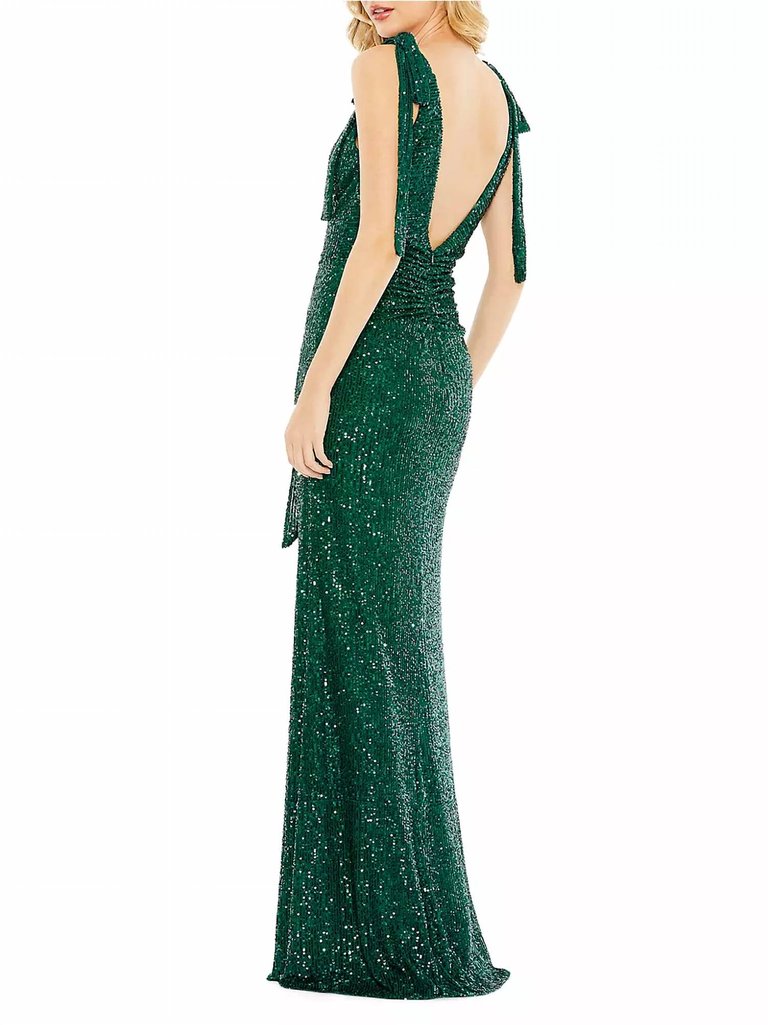 Ieena- Sequined Low Back Bow Shoulder Gown