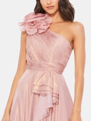 Iridescent One-Shoulder Ruffled Gown