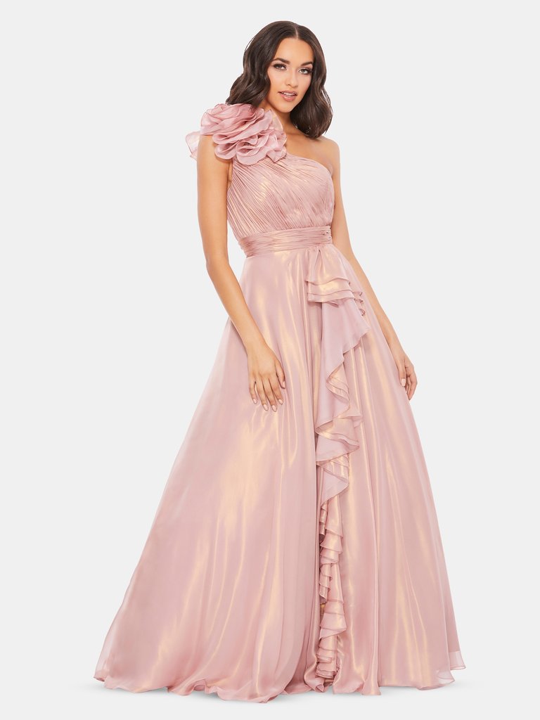 Iridescent One-Shoulder Ruffled Gown