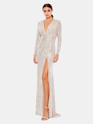 Long Sleeve Ruched Faux Wrap Sequined Gown