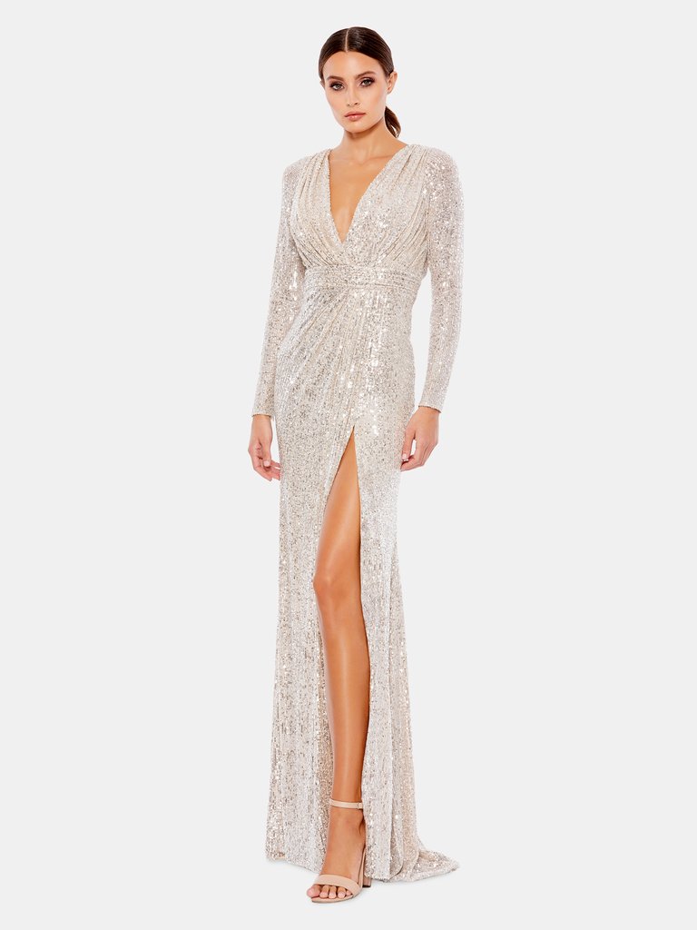 Long Sleeve Ruched Faux Wrap Sequined Gown