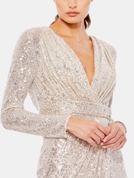 Long Sleeve Ruched Faux Wrap Sequined Gown