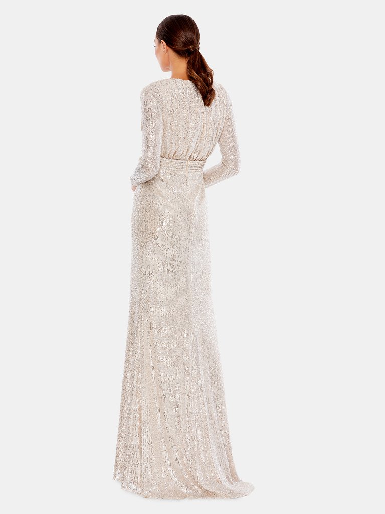 Long Sleeve Ruched Faux Wrap Sequined Gown