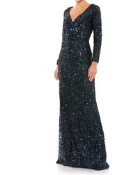 Long Sleeve Sequined Gown - Midnight
