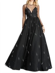 Sheer Sleeve Ball Gown - Black