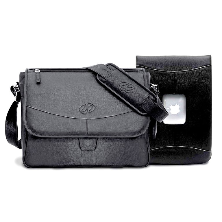 14" MacCase Premium Leather MacBook Pro Messenger Bag w/ Sleeve - Black