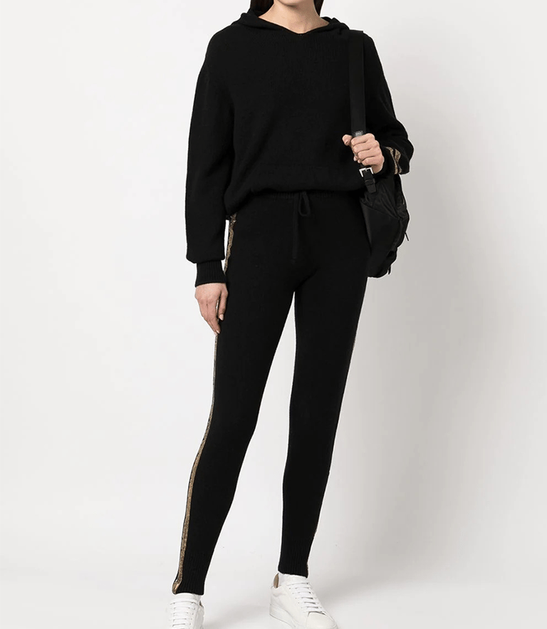 Black Cashmere Sweat Pants With Gold Laminated Bands - Black