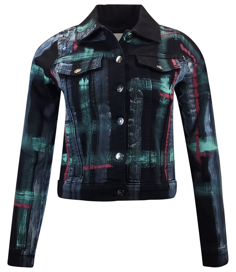 Black/Green Cotton Barbara Slim Jean Jacket - Black/Green