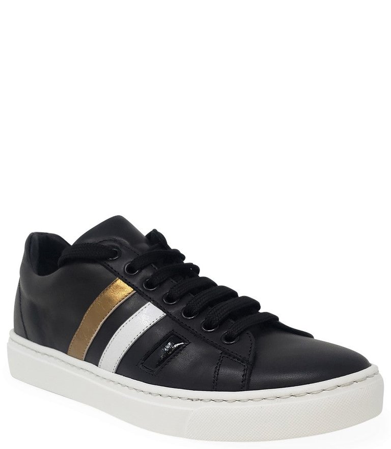 Black Leather 3 Stripe Womens Sneaker