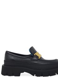 Black Leather Chunky Loafer With Shearling - Black