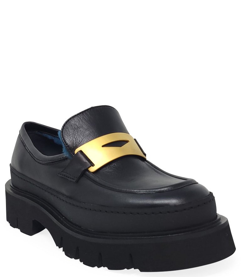 Black Leather Chunky Loafer With Shearling