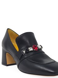 Black Leather Mid Heel Jeweled Loafer - Black