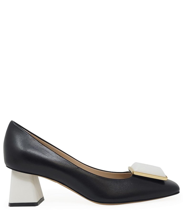 Black/White Leather Block Heel - Black/White