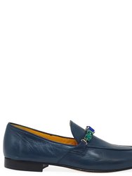 Blue Leather Flat Jeweled Loafer - Blue