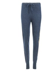 Denim Cashmere Sweat Pants With Gold Laminated Bands - Denim