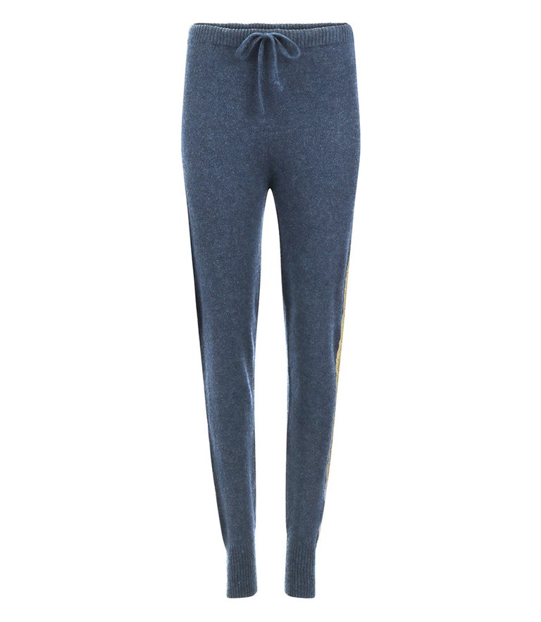 Denim Cashmere Sweat Pants With Gold Laminated Bands - Denim