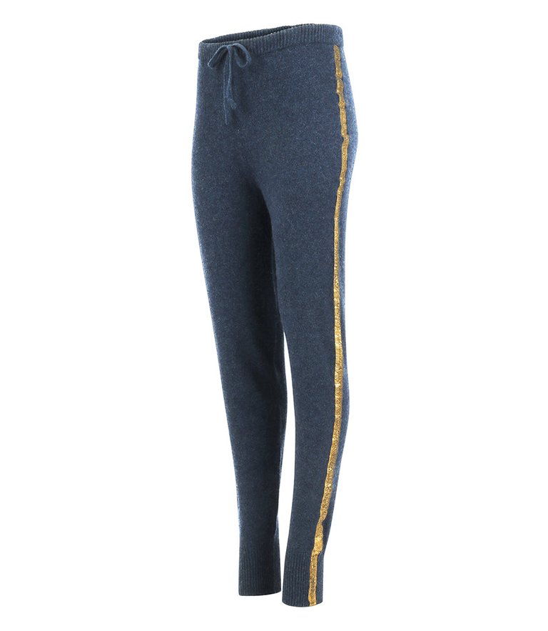 Denim Cashmere Sweat Pants With Gold Laminated Bands