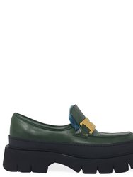 Green Leather Chunky Loafer With Shearling