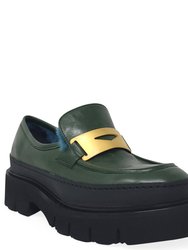 Green Leather Chunky Loafer With Shearling - Green