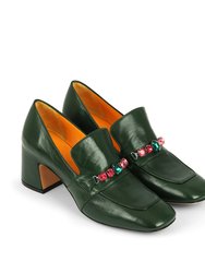 Green Leather Mid Heel Jeweled Loafer - Green