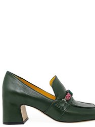 Green Leather Mid Heel Jeweled Loafer