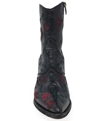 Leather Embroidered Ankle Boot - Black - Black