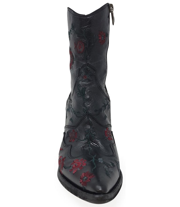 Leather Embroidered Ankle Boot - Black - Black