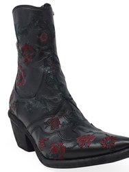 Leather Embroidered Ankle Boot - Black