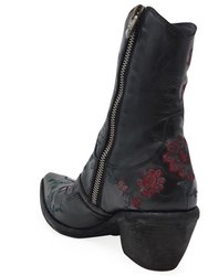 Leather Embroidered Ankle Boot - Black