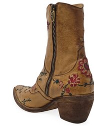 Leather Embroidered Ankle Boot - Tan
