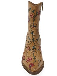 Leather Embroidered Ankle Boot - Tan - Tan