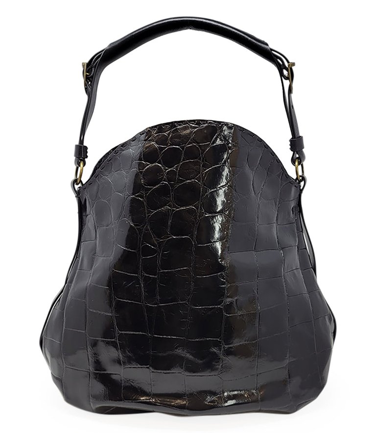 Moc Croc Black Leather Crossbody Shoulder Bag - Black