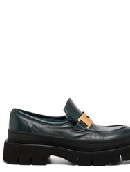 Navy Leather Chunky Loafer With Shearling - Navy