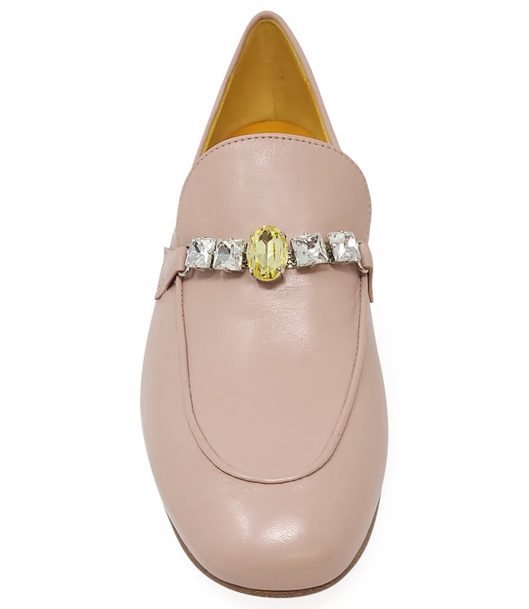 Pink Leather Flat Jeweled Loafer