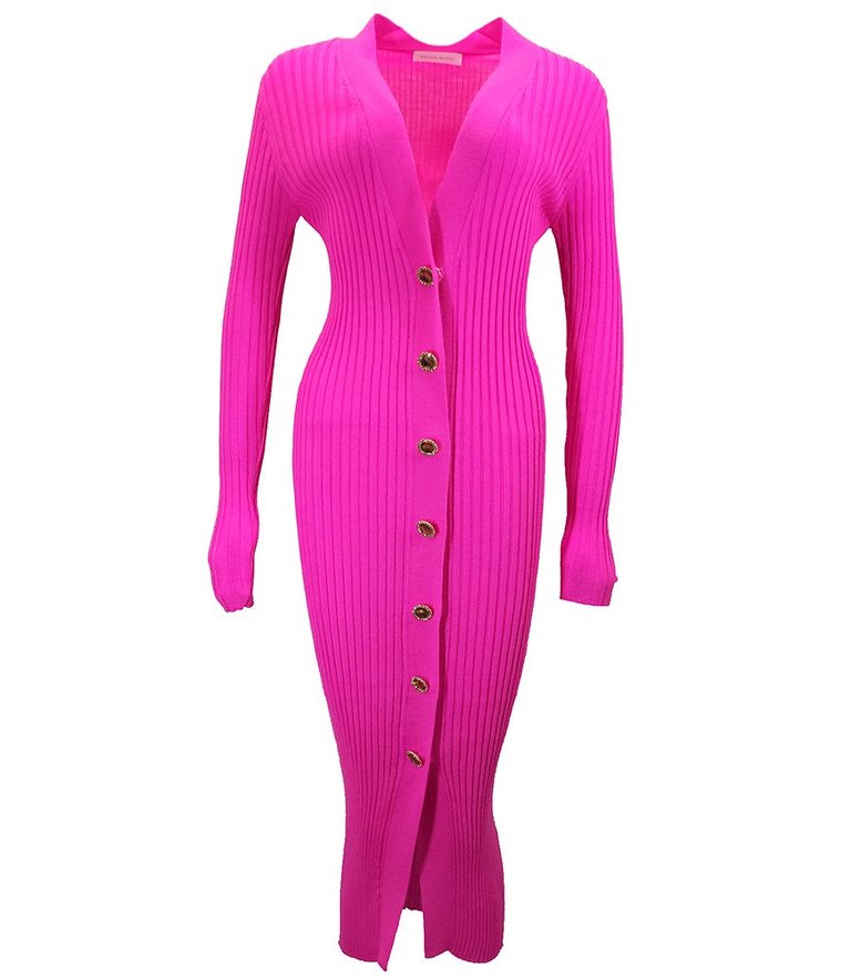 Pink Wool Ribbed Cardigan Dress - 30 Pink