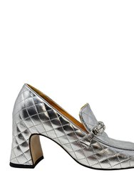 Silver Leather Quilted Loafer - Silver