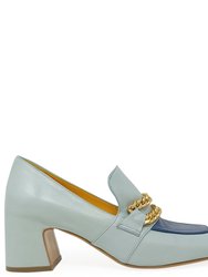 Turq/Blue Leather Mid Heel Loafer With Chain - Turq/Blue