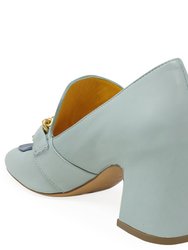 Turq/Blue Leather Mid Heel Loafer With Chain
