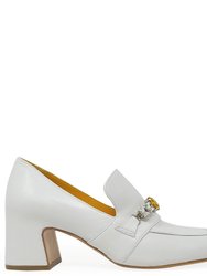White Leather Mid Heel Jeweled Loafer - White