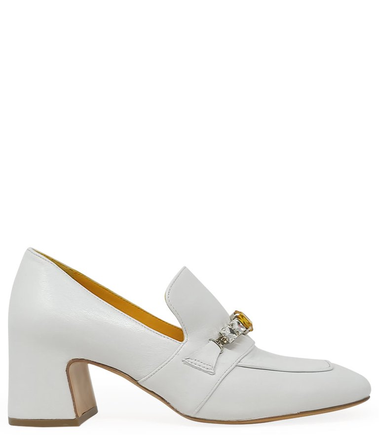 White Leather Mid Heel Jeweled Loafer - White
