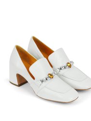 White Leather Mid Heel Jeweled Loafer