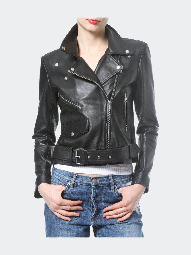 Crop Leather Biker Jacket - Black