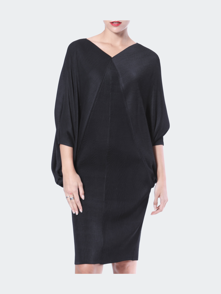 Pleated Dolman Sleeve Dress - Black