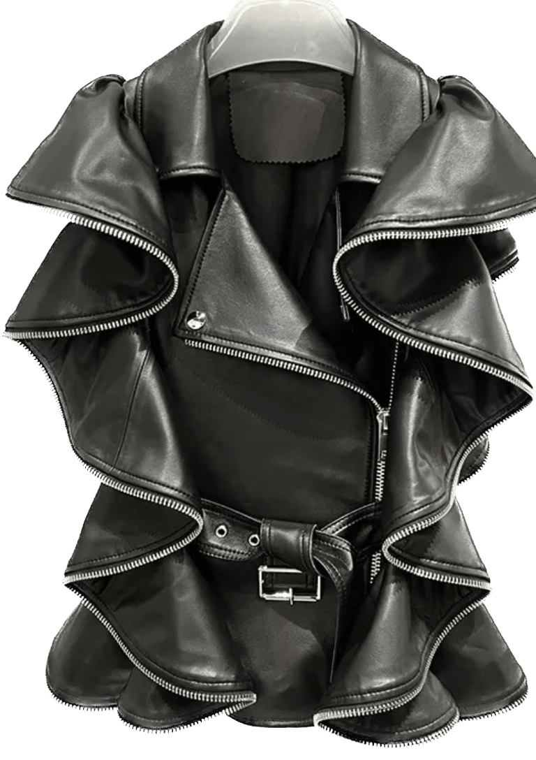 Ruffle Leather Vest With Zipper Detail - Black