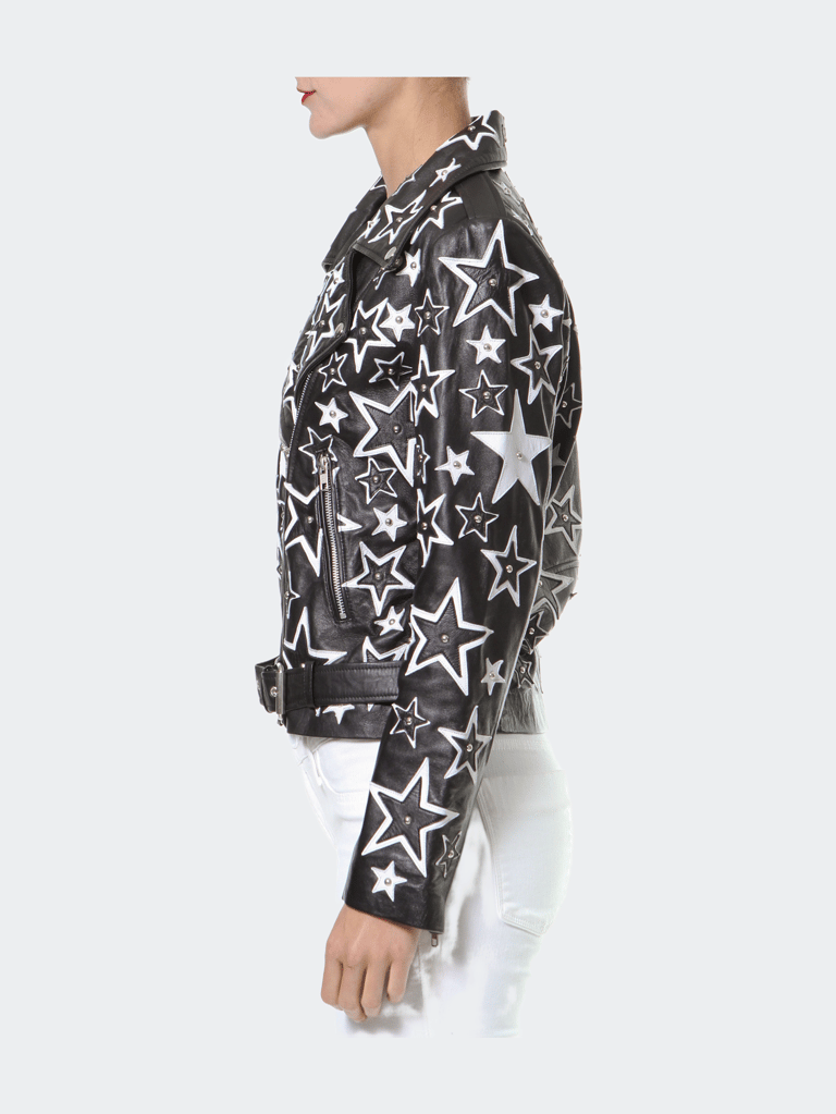 Star Embroidered Leather Moto Jacket